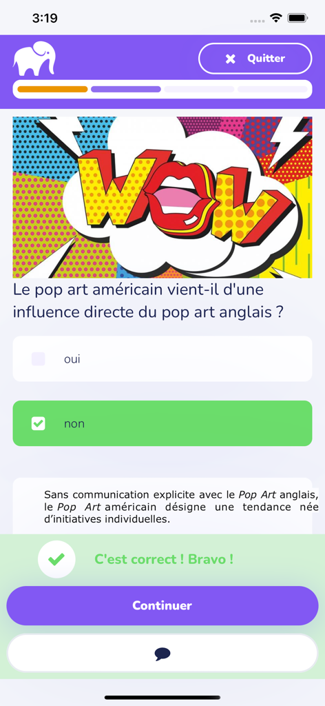 Wooflash - Interfaz de la aplicación móvil Wooflash que muestra una pregunta de cuestionario sobre arte pop con una notificación de respuesta correcta y retroalimentación.