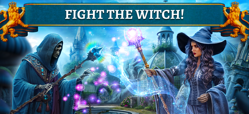 Hidden Objects: Witch F2P - Una confrontación mágica entre una bruja y un hechicero esquelético en un escenario de cuento de hadas.