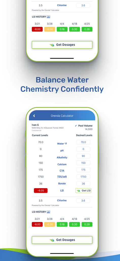 Pool Service Software - Mobile app screen showing a pool water chemistry calculator with levels for pH chlorine and chemical dosage recommendations