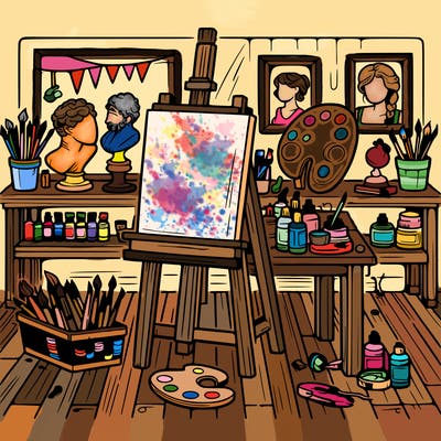 an art studio with canvases, paints, and sculptures