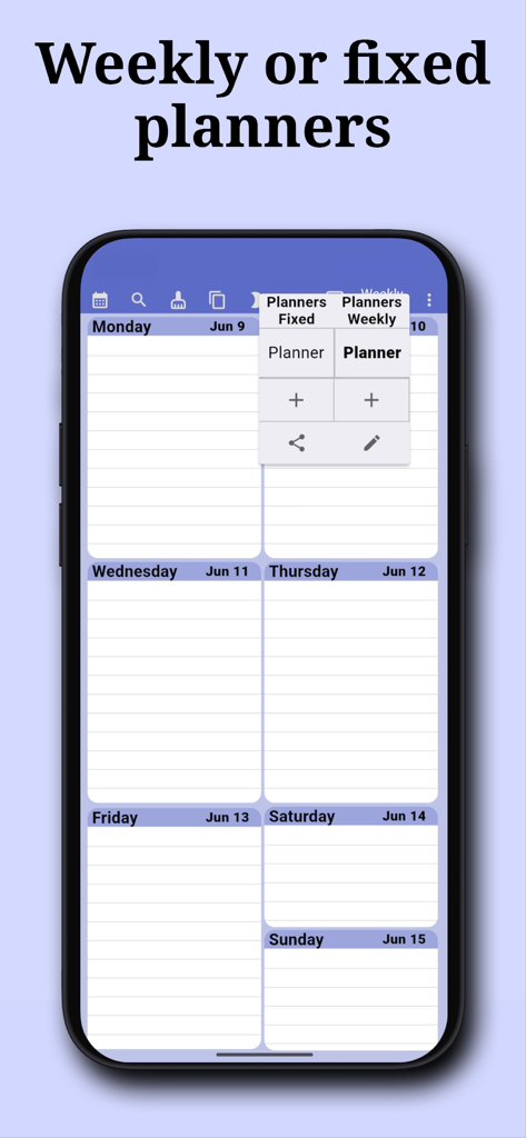 Weekly Planner: To-Do & Tasks - Aplicación Weekly Planner que muestra un horario de siete días en un teléfono móvil.