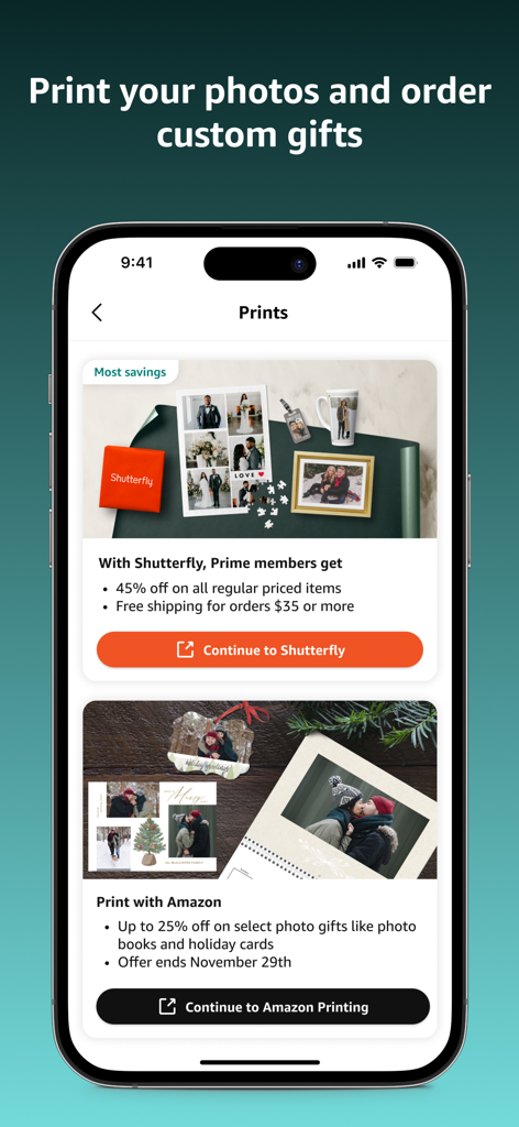 Amazon Photos 앱의 인화 화면이 맞춤 선물 및 사진 인화 서비스를 보여줌