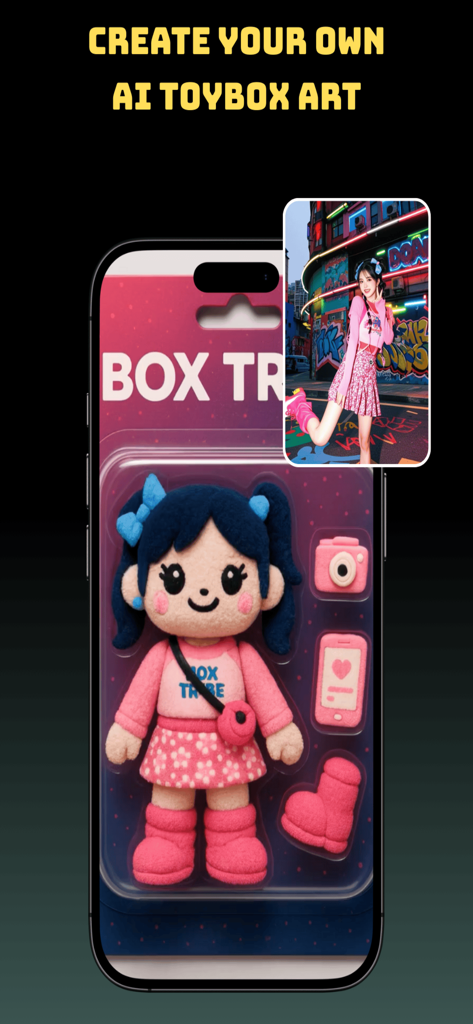 Smartphone mostrando la función de arte de caja de juguetes IA generando una figura de peluche a partir de una foto