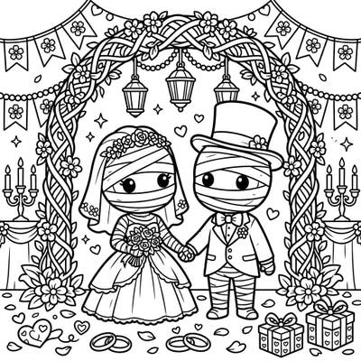 Step into a uniquely enchanting wedding celebration with this delightful coloring page featuring an adorable mummy bride and groom. Bring this charmingly unconventional matrimonial scene to life with your favorite colors.