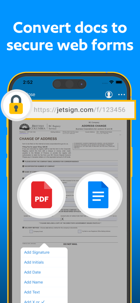 JetSign: Fill & Sign PDF Docs - JetSign mobile app screen showing how to convert documents into secure web forms for remote signing