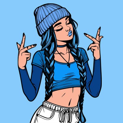 realistic teenage girl with braids and a beanie and crop top doing 🫶🏼