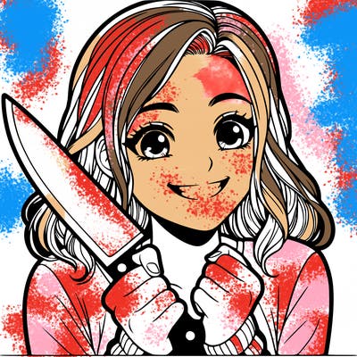 a realistic girl holding a knife and grinning