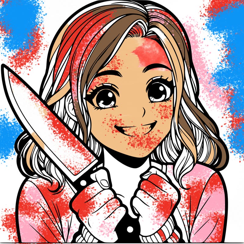 a realistic girl holding a knife and grinning