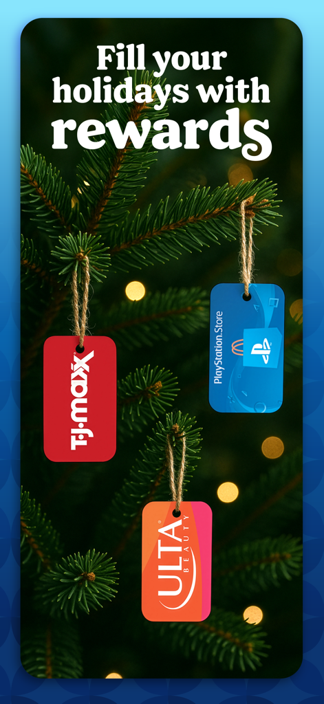 Promotional graphic for Fetch rewards app featuring TJ Maxx, PlayStation, and Ulta gift cards hanging as ornaments on a Christmas tree with the text Fill your holidays with rewards
