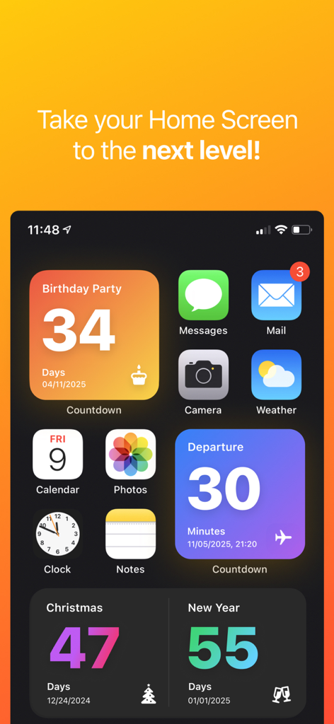 Countdown Timer & Widgets - An iPhone home screen featuring colorful aesthetic countdown widgets for events like birthdays and travel