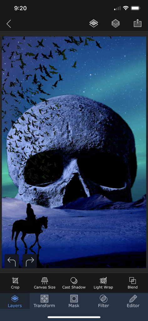 Superimpose X - Superimpose X mobile app interface showing a surrealist photo composition with a giant skull and professional editing tools