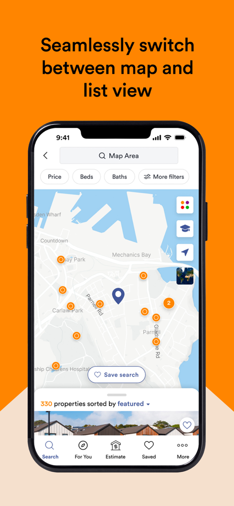 OneRoof app interface displaying a map with property location pins and search filters