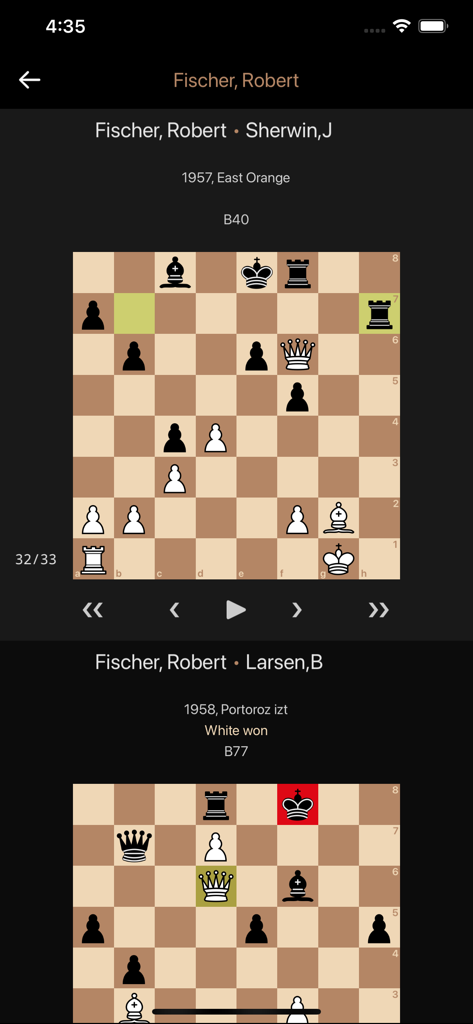 Pantalla móvil que muestra partidas históricas de ajedrez de Bobby Fischer en la aplicación Lite lichess