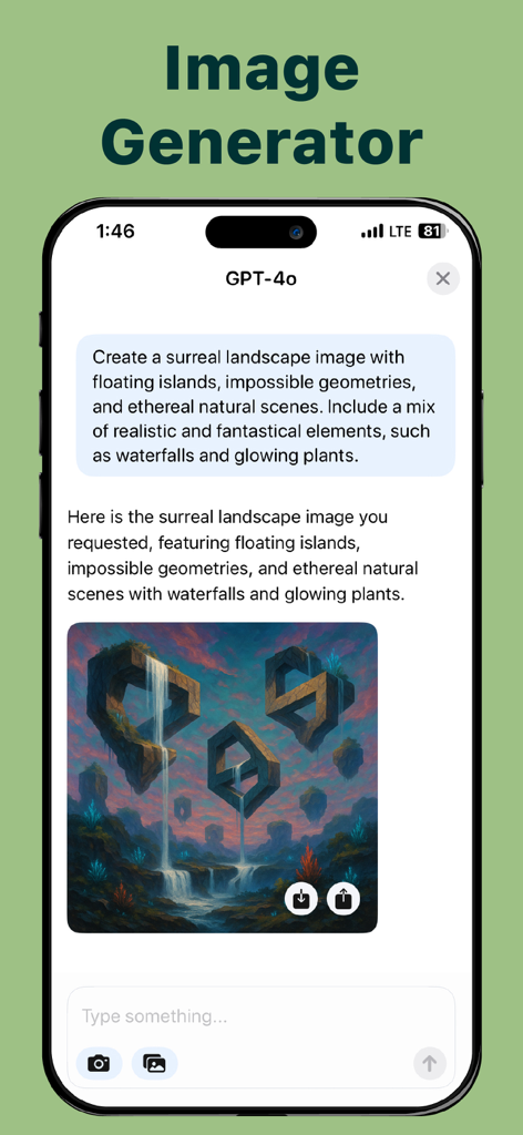 ChatIn mostra la funzionalità Generatore di Immagini che crea un paesaggio artistico digitale surreale con isole galleggianti e cascate
