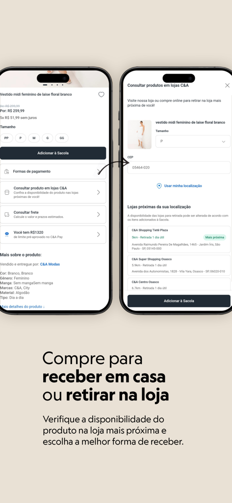 Schermate del cellulare dell'app C&A che mostrano un abito floreale e informazioni sul ritiro in negozio locale.