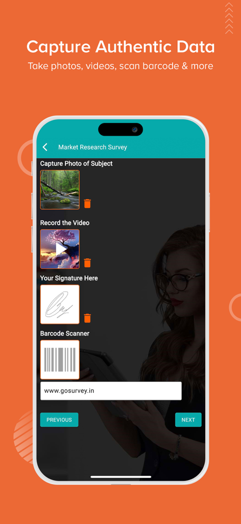 GoSurvey - Offline Survey - GoSurvey app interface showing multimedia data capture features including photo video signature and barcode scanning for professional field research