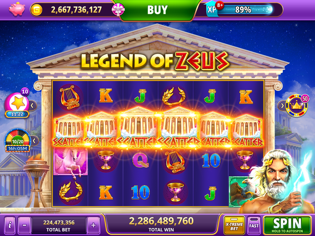 Legend of Zeus slot machine game interface in Gambino Slots HD showing a massive win and Greek mythology theme