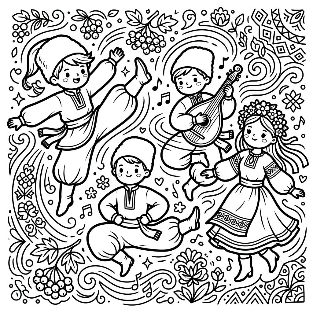 Kawaii Cossack Dance Coloring Page - Festive Fun