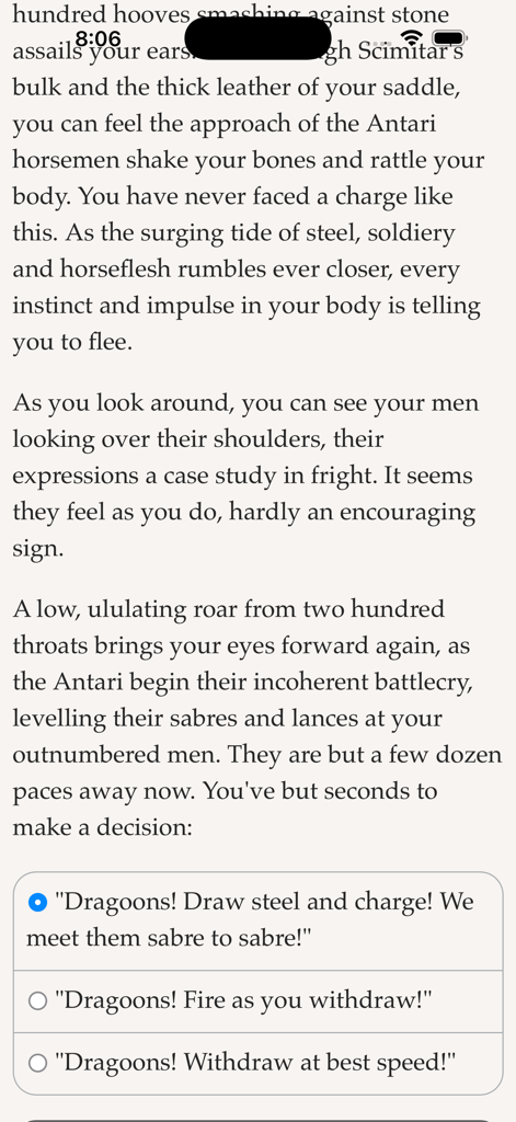 Text based gameplay from Hosted Games showing a military story with multiple choice options