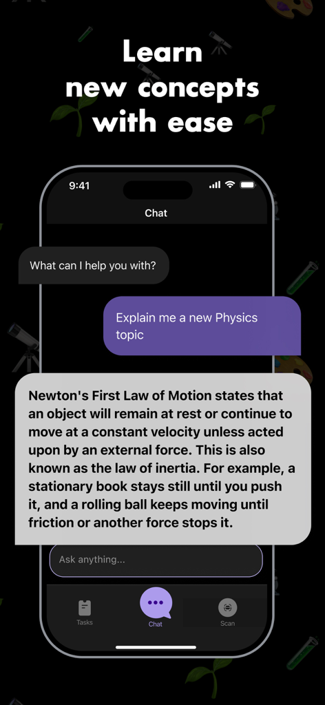 Homework Helper: Scan & solve - Interface de chat IA expliquant la première loi du mouvement de Newton dans l'application Aide aux devoirs