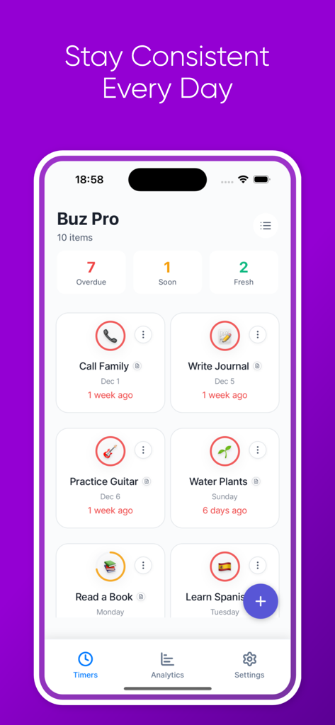Buz Pro app dashboard displaying tracked tasks like calling family, watering plants, and practicing guitar with status indicators for overdue and upcoming activities.