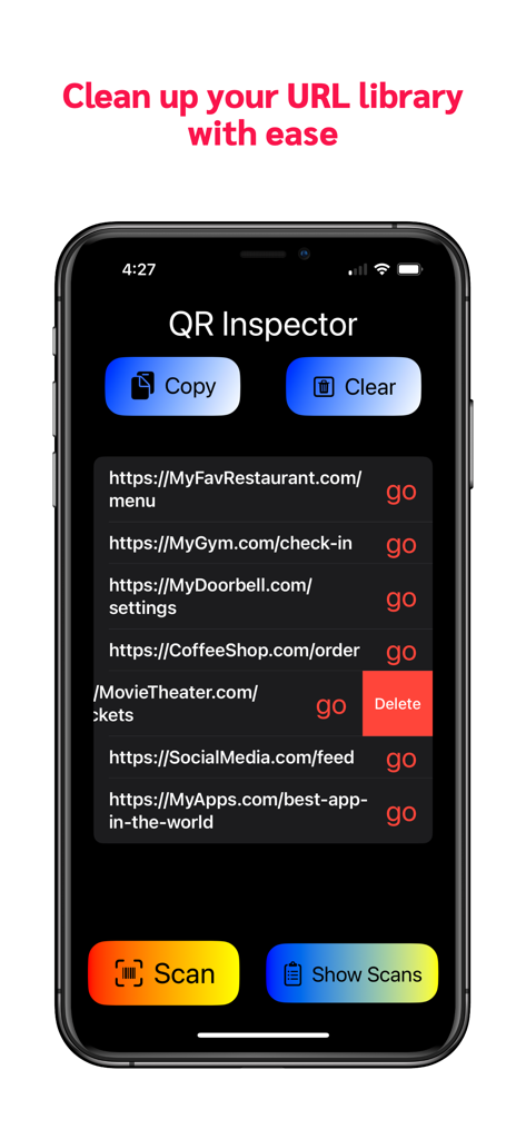 Manage and delete saved links in the QR Code Inspector history library