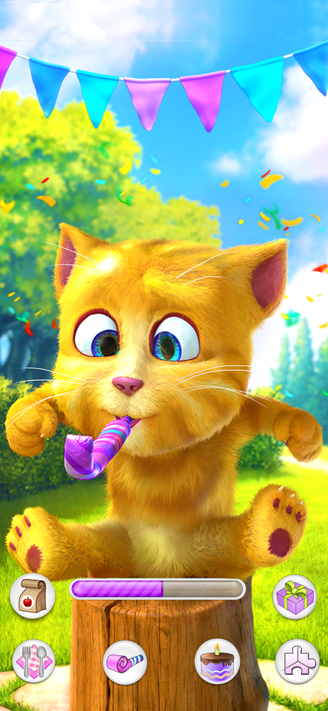 Talking Ginger 2 orange kitten blowing a party whistle with birthday decorations and confetti