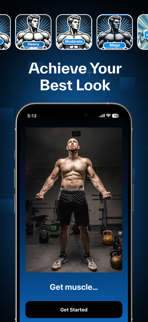 Interface d'une application mobile pour les filtres musculaires IA montrant différents niveaux d'intensité et un aperçu de la transformation fitness.