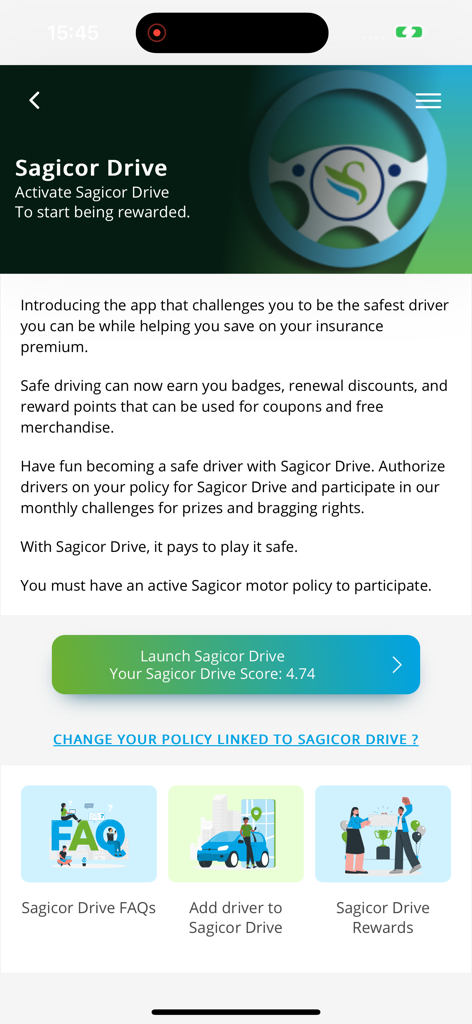 Sagicor Drive interface in the Sagicor Go app showing safe driving rewards and insurance discounts