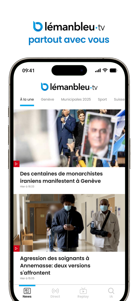 Léman Bleu - Interfaz de la aplicación de noticias Leman Bleu que muestra titulares regionales de Ginebra