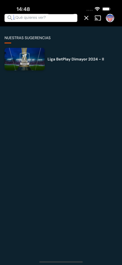 Interfaz de la aplicación Win Play con sugerencias de partidos de la liga de fútbol colombiano