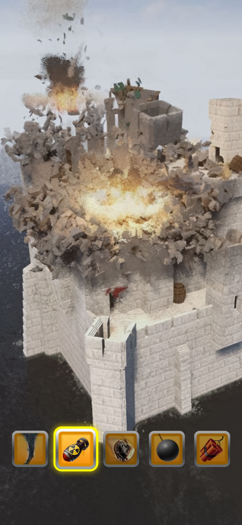A stone castle exploding in the City Demolish mobile game with various destruction tool icons at the bottom.