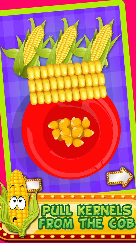 Popcorn Maker-Kids Girls free cooking fun game - A screenshot of the Popcorn Maker game showing corn cobs and kernels being pulled into a red bowl