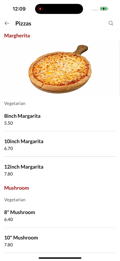 Amigos, - Screenshot des Amigos Mobile App Pizza-Menüs, das Margherita- und Pilzoptionen mit verschiedenen Größen und Preisen zeigt