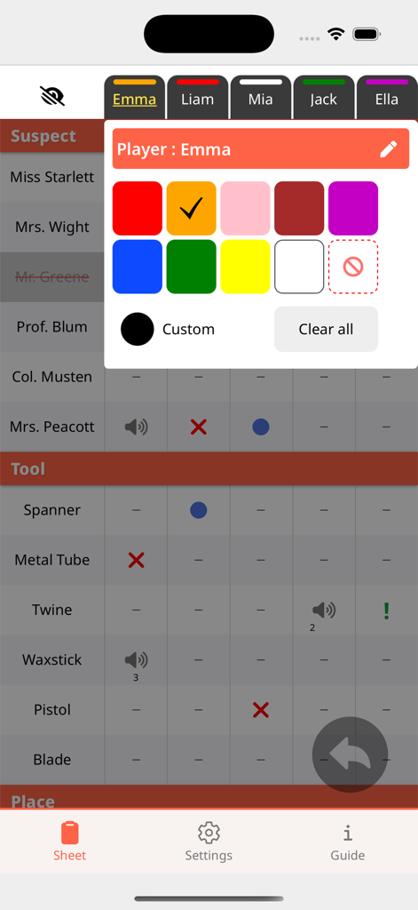 Detective Notes - A digital detective notebook interface showing a deduction grid with suspects and tools and a color marker selection pop up for a player named Emma.
