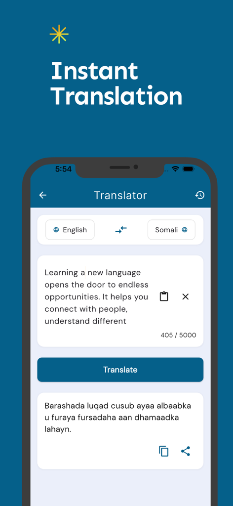 English to Soomaali Translator - English to Somali instant translation app interface showing a translated paragraph