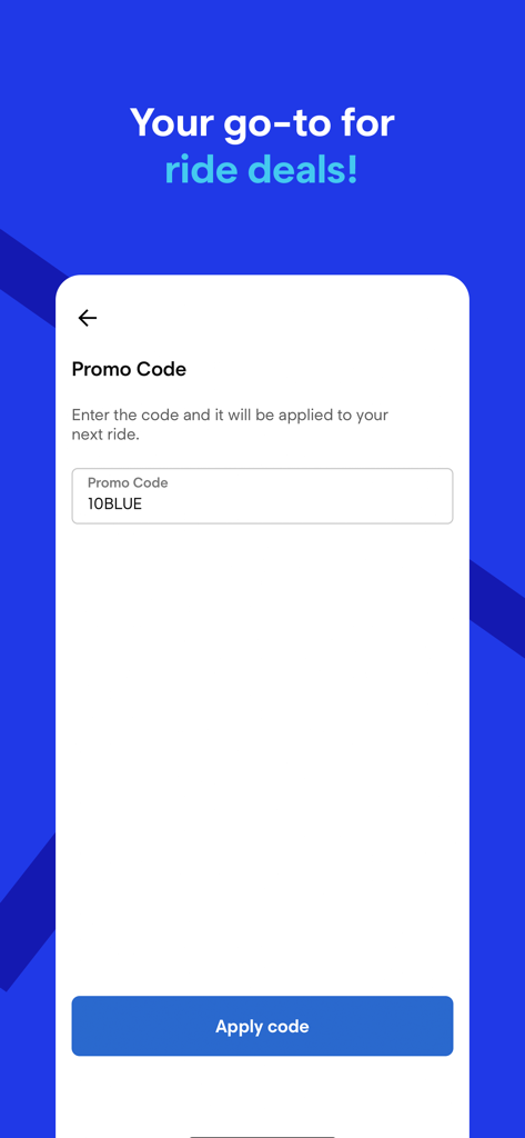 Blue Rumänien App-Bildschirm für Aktionscodes mit Fahrtenangeboten und Rabatten