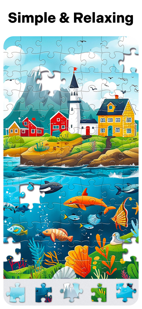 Jigsaw Puzzles for Adults HD - Un colorido puzzle de rompecabezas digital de una aldea costera y una escena submarina con un faro y peces tropicales.