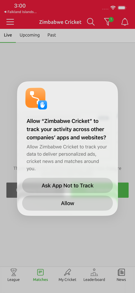 Zimbabwe Cricket - iOS privacy tracking permission request in the Zimbabwe Cricket app