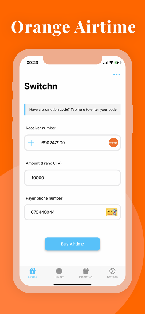 Écran de l'application mobile Switchn montrant l'interface pour acheter du crédit Orange au Cameroun en utilisant le Franc CFA.