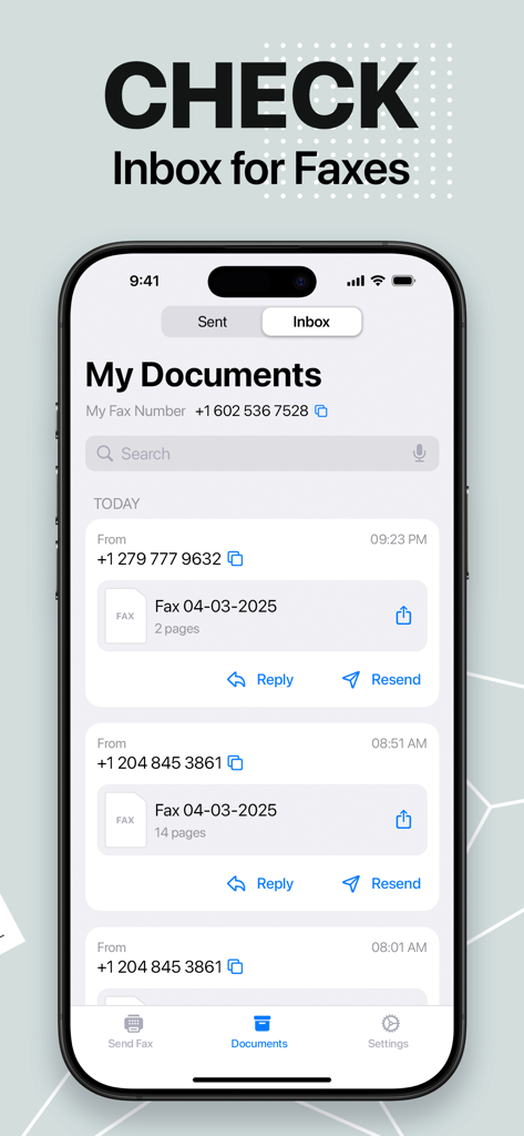 FaxFree: Send Fax From iPhone - Un iPhone che visualizza la posta in arrivo dell'app FaxFree mostrando un elenco di documenti fax ricevuti