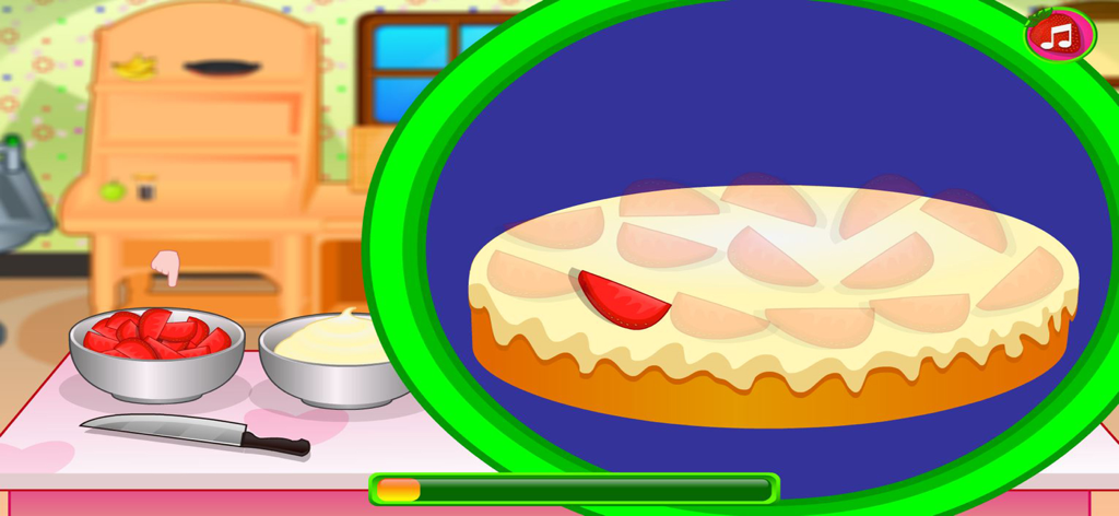Cooking strawberry short cake - A colorful kids game interface showing how to decorate a strawberry short cake with fresh fruit slices