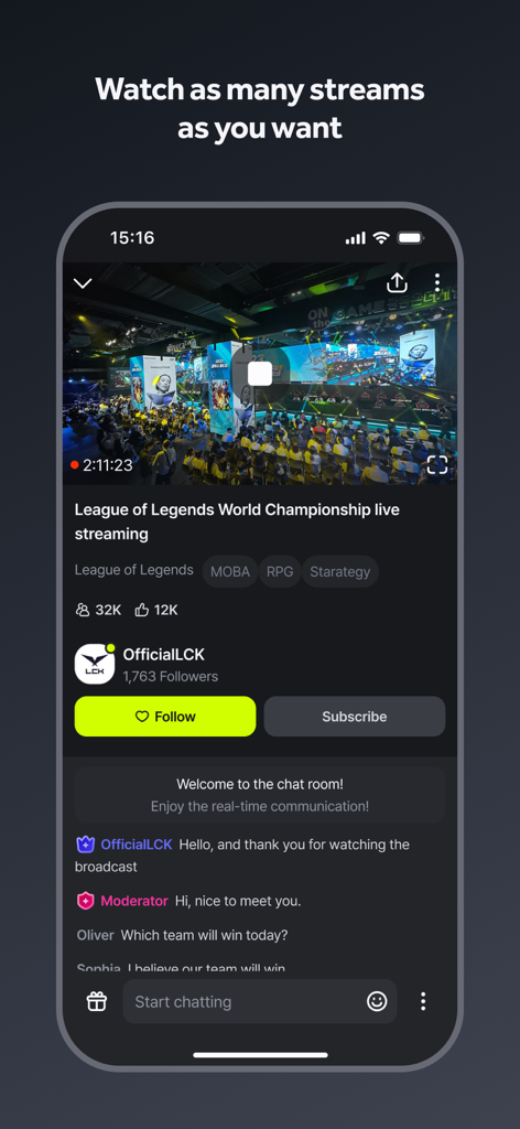 A mobile screenshot of the SOOP app displaying a live League of Legends esports stream with real-time chat.