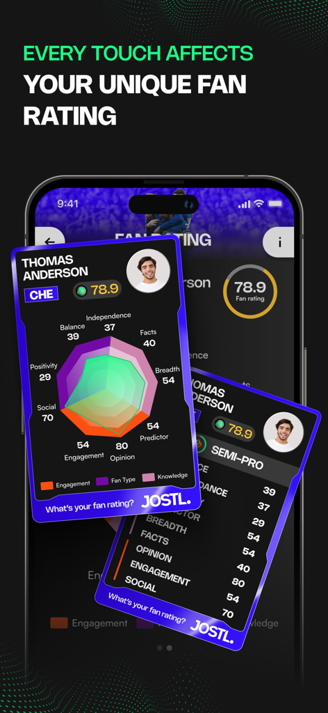 JOSTL app interface displaying a unique fan rating with a radar chart and statistical breakdown