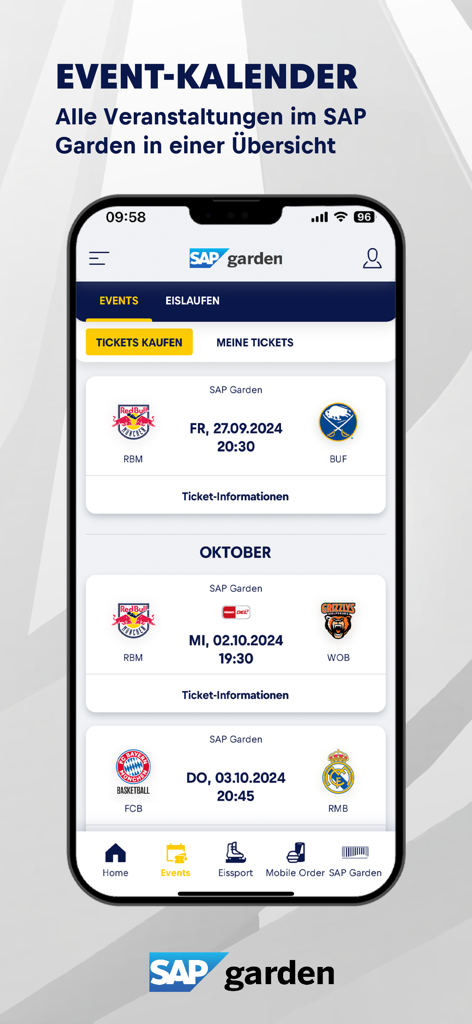 SAP Garden - SAPガーデンモバイルアプリのイベントカレンダーインターフェースに、今後のスポーツの試合が表示されている