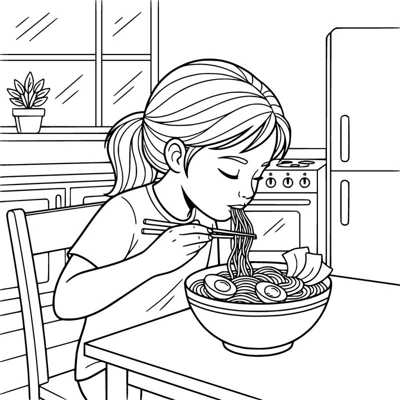 realistic girl eating ramen with boiled eggs and seaweed on her dinner table in the kitchen