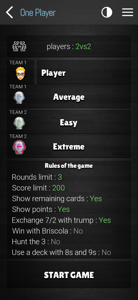 Schermata di configurazione per giocatore singolo di Briscola che mostra la modalità 2 contro 2 e le regole di gioco personalizzabili