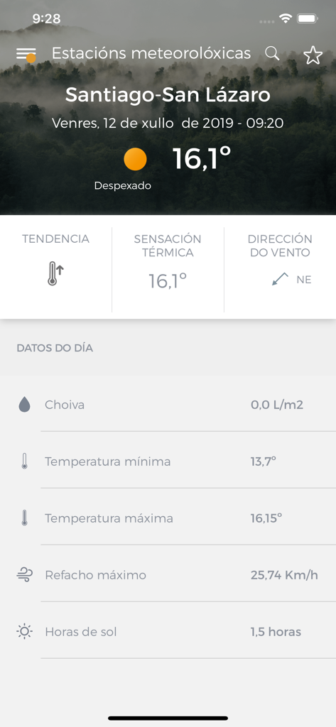 Pantalla de la aplicación MeteoGalicia mostrando datos meteorológicos detallados para Santiago, incluyendo temperatura y estadísticas meteorológicas diarias