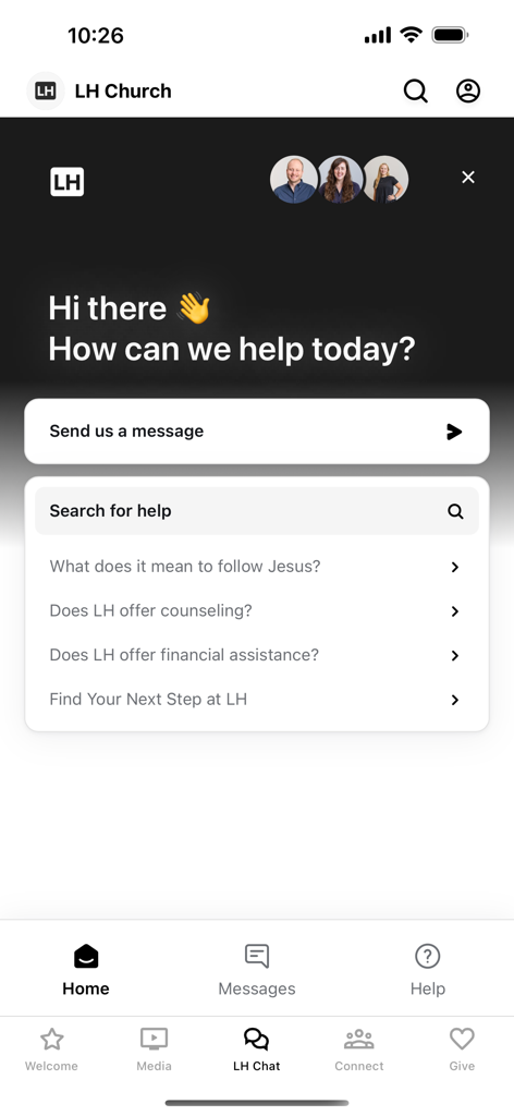 Lighthouse Church App - Lighthouse Church App support screen showing FAQ and messaging options