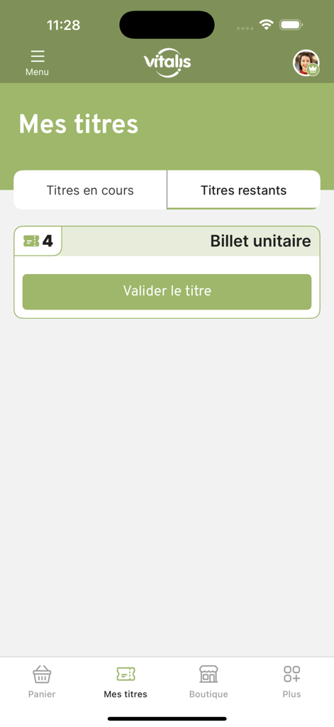 Vitalis - Écran Mes Tickets de l'application mobile Vitalis montrant les tickets uniques disponibles et un bouton de validation